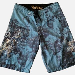 Archaic By Affliction Board Shorts Men 32 Black Skull Swim Trunks Grunge Y2K MMA